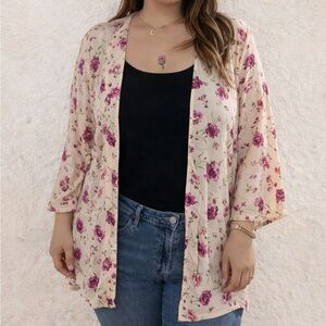 Peach Floral Kimono Cardigan with Purple Blooms